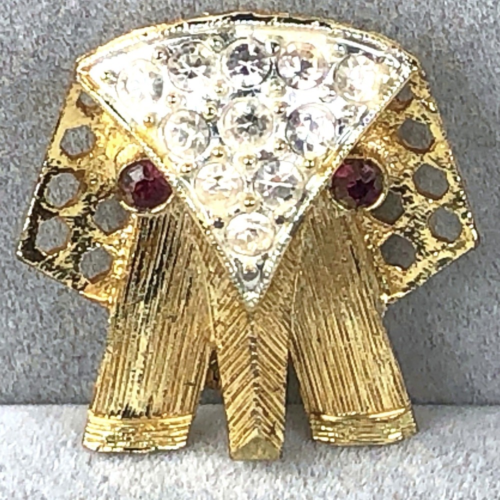 Vintage Elephant Brooch Mid Century Modern Gold Tone Rhinestone Red Eyes Mod Pin